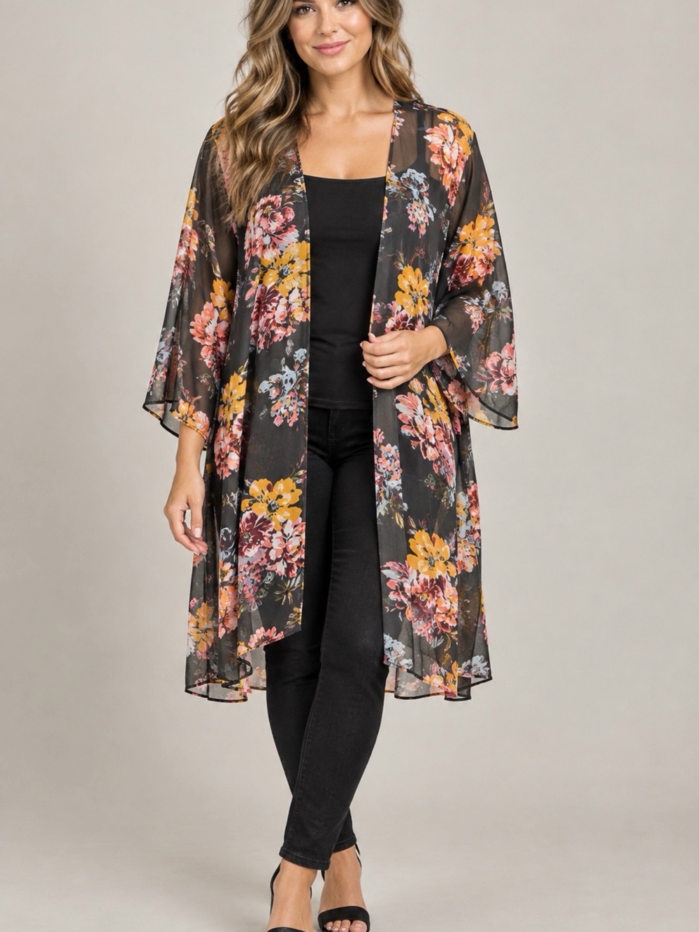 LC Lauren Conrad Black Sheer Floral Kimono with Yellow and Pink Blooms